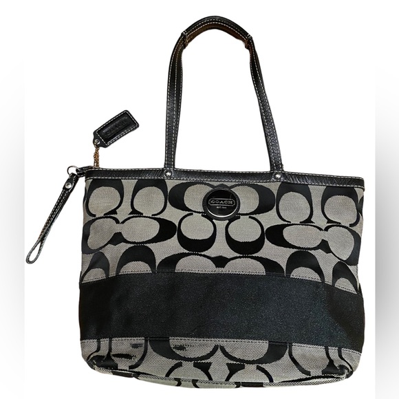 Coach Signature Black Stripe Tote Purse Shoulder handbag F17433 - Picture 1 of 12